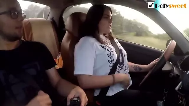 Girl jerks off a guy and masturbates herself while driving in public (talk)
