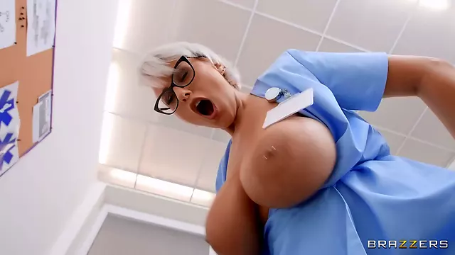 Short-haired nurse in glasses fucks young Spanish dude